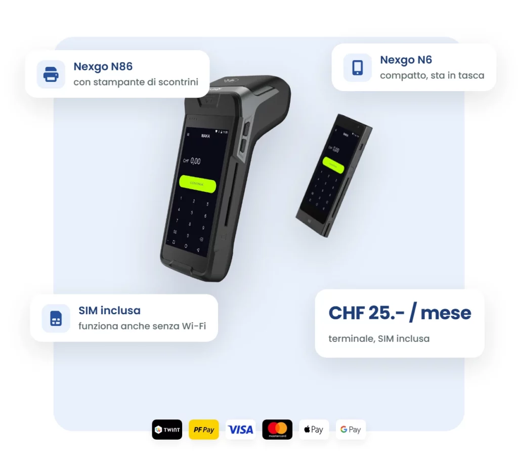 Terminali 1pay.ch Nexgo N86 con stampante e Nexgo N6 compatto, CHF 25.- al mese con SIM inclusa