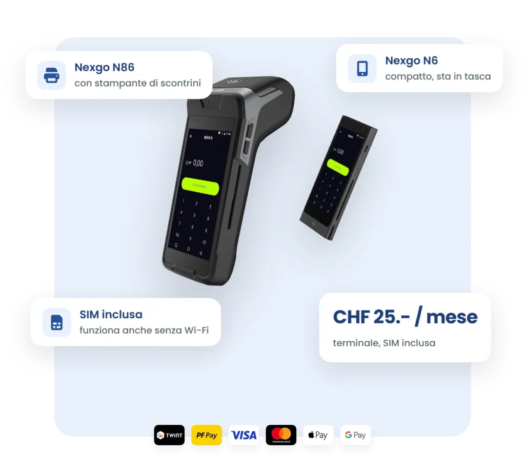 Terminali 1pay.ch Nexgo N86 con stampante e Nexgo N6 compatto, CHF 25.- al mese con SIM inclusa